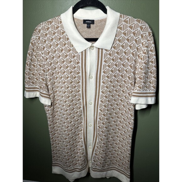 Express Men’s Knit Button Up Polo Shirt Retro Geometric Beige White M - Picture 1 of 4